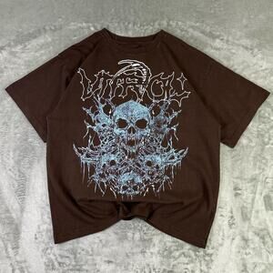 Vitriol Tomb Brown AOP Y2K Style Skull Print Graphic T-shirt Size Large